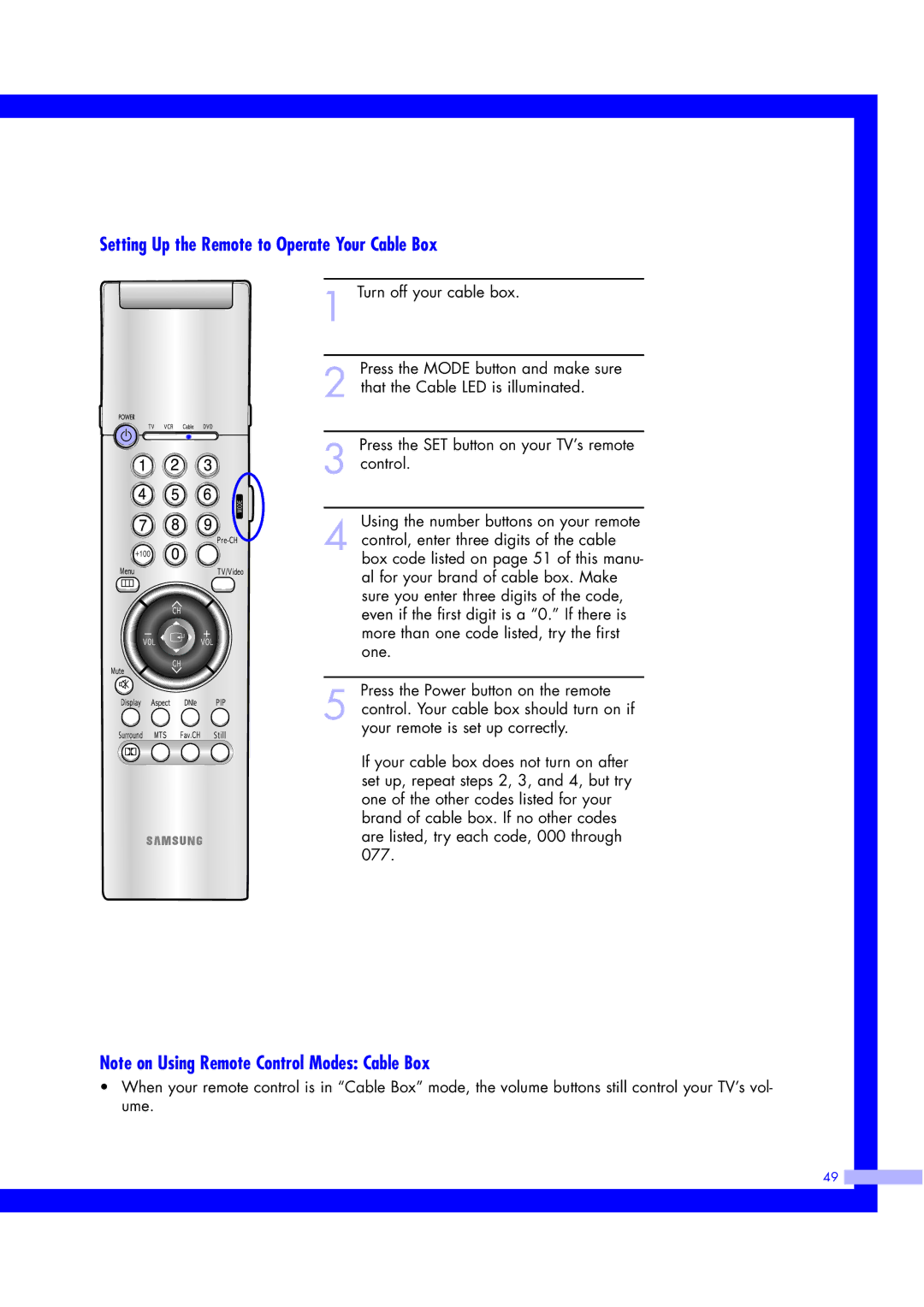 Samsung ST50L2HD, ST61L2HD instruction manual Setting Up the Remote to Operate Your Cable Box 