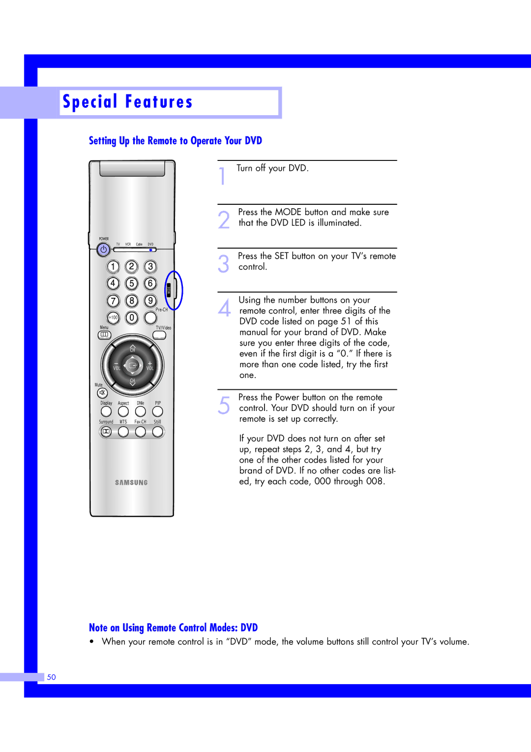 Samsung ST61L2HD, ST50L2HD instruction manual Setting Up the Remote to Operate Your DVD 