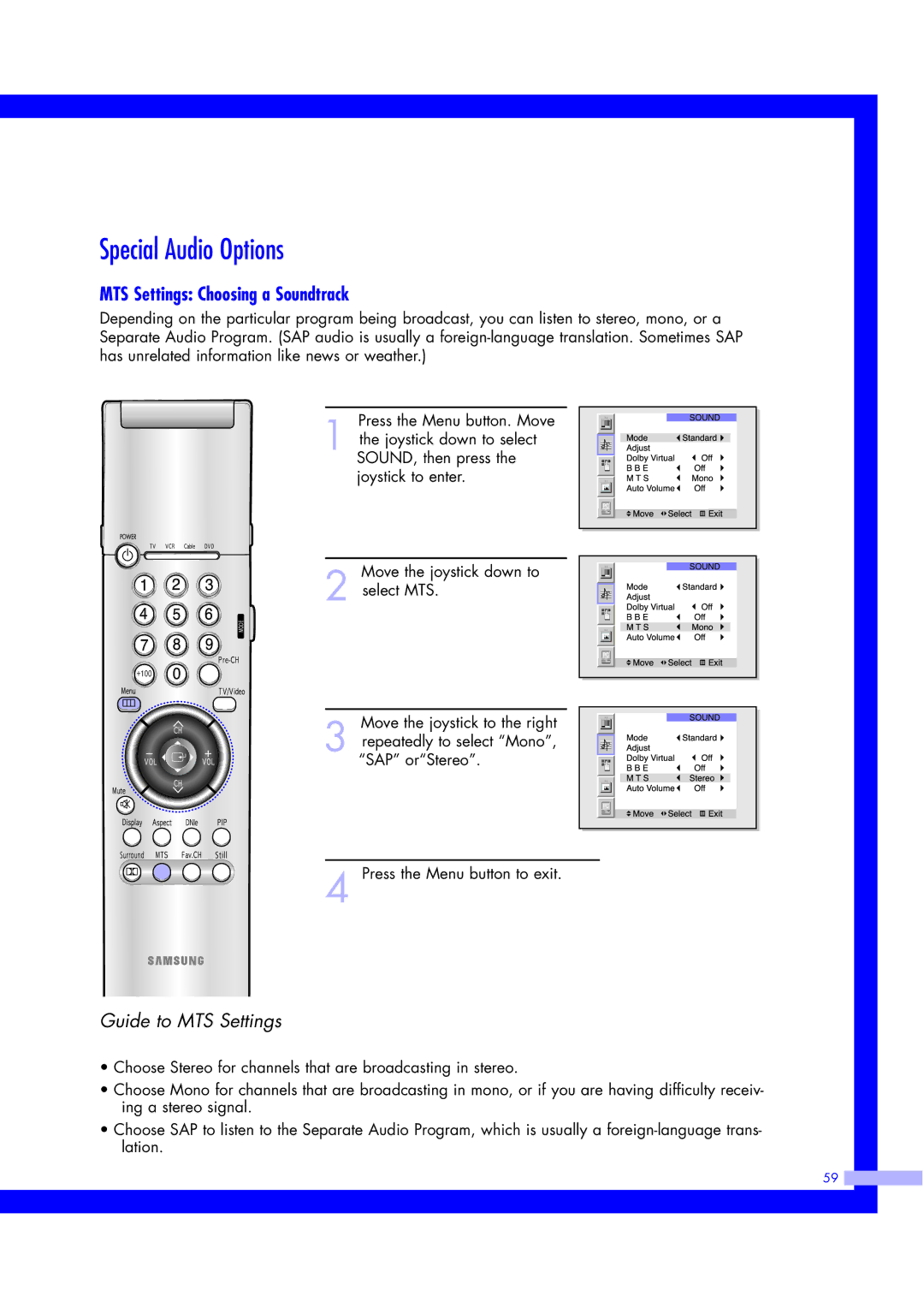 Samsung ST50L2HD, ST61L2HD instruction manual Special Audio Options, MTS Settings Choosing a Soundtrack 