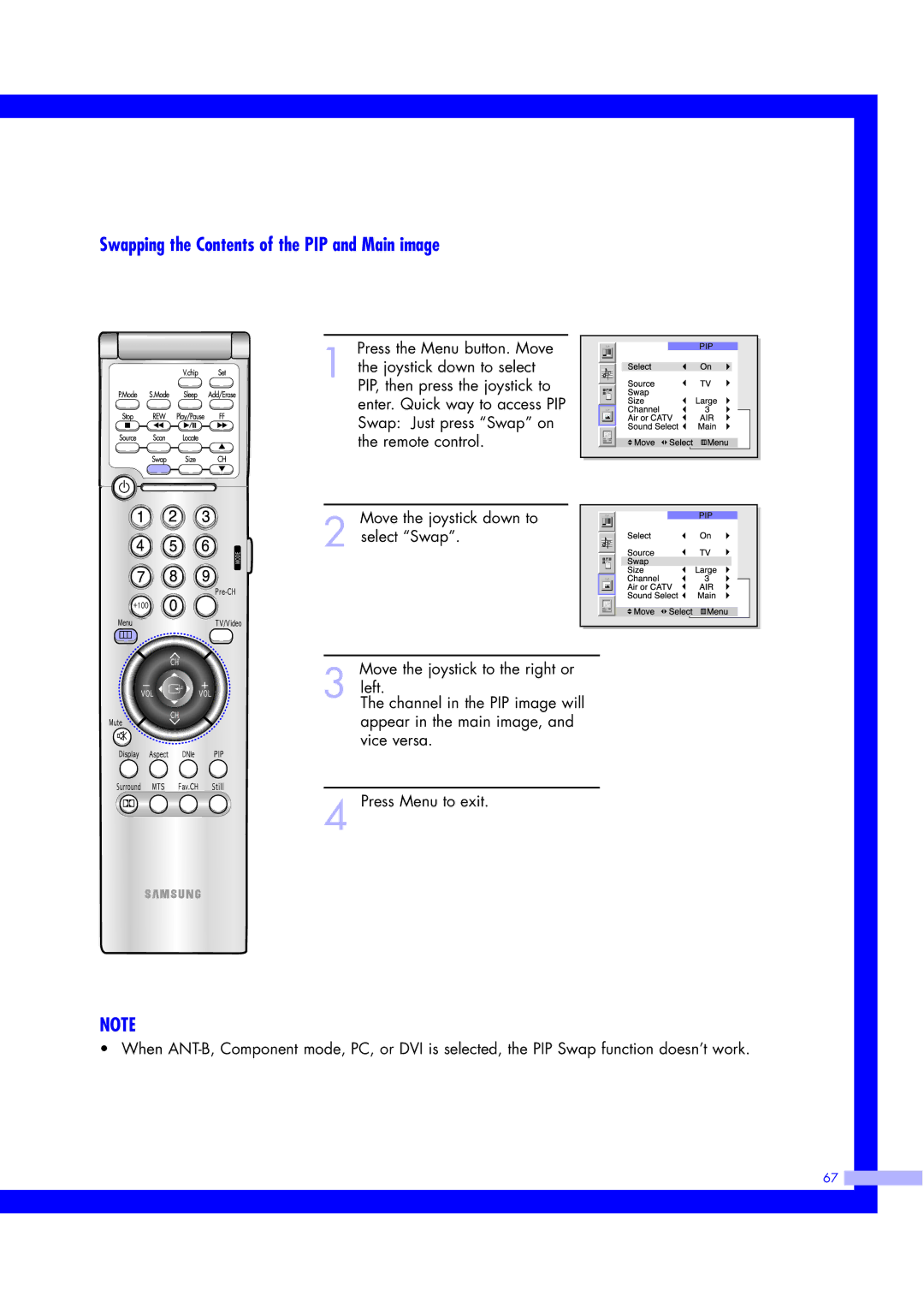 Samsung ST50L2HD, ST61L2HD instruction manual Swapping the Contents of the PIP and Main image 