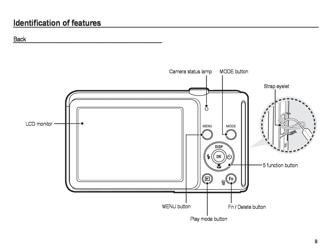 Samsung ST70 Back, Identiﬁcation of features, Camera status lamp MODE button Strap eyelet LCD monitor, function button 