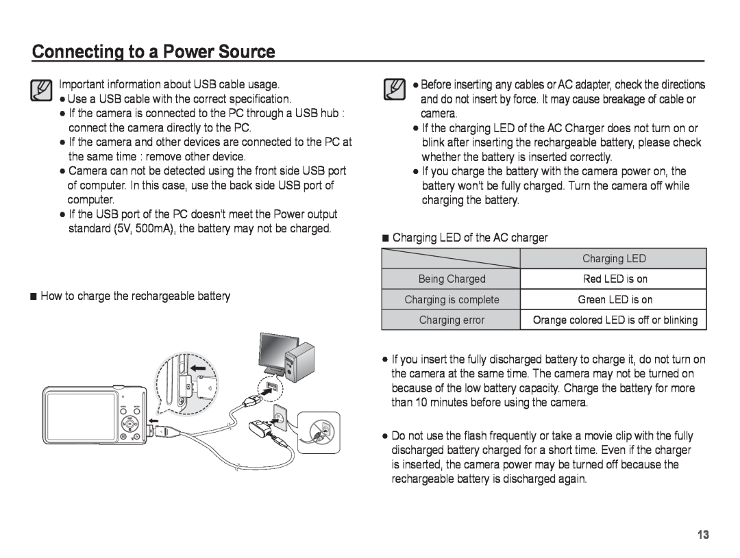 Samsung ST70, ST71 manual Connecting to a Power Source, How to charge the rechargeable battery 