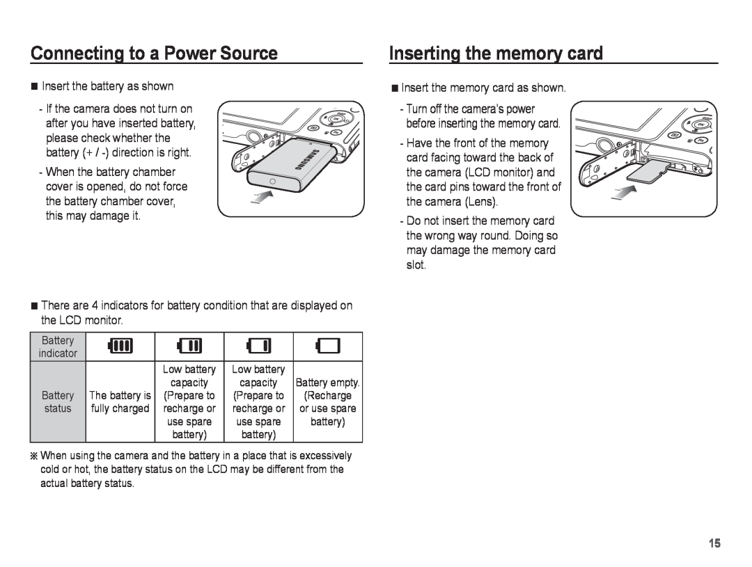 Samsung ST70, ST71 manual Inserting the memory card, Connecting to a Power Source, Insert the battery as shown 
