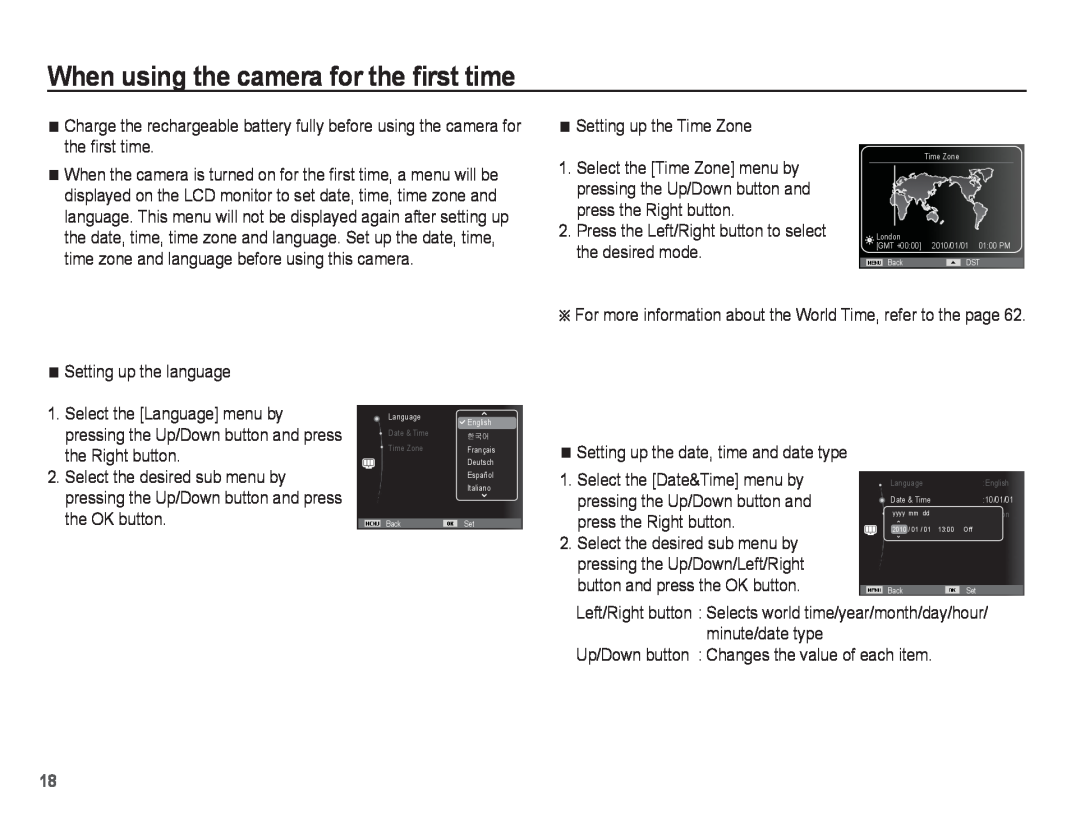 Samsung ST71, ST70 manual When using the camera for the ﬁrst time, Setting up the Time Zone, Setting up the language 