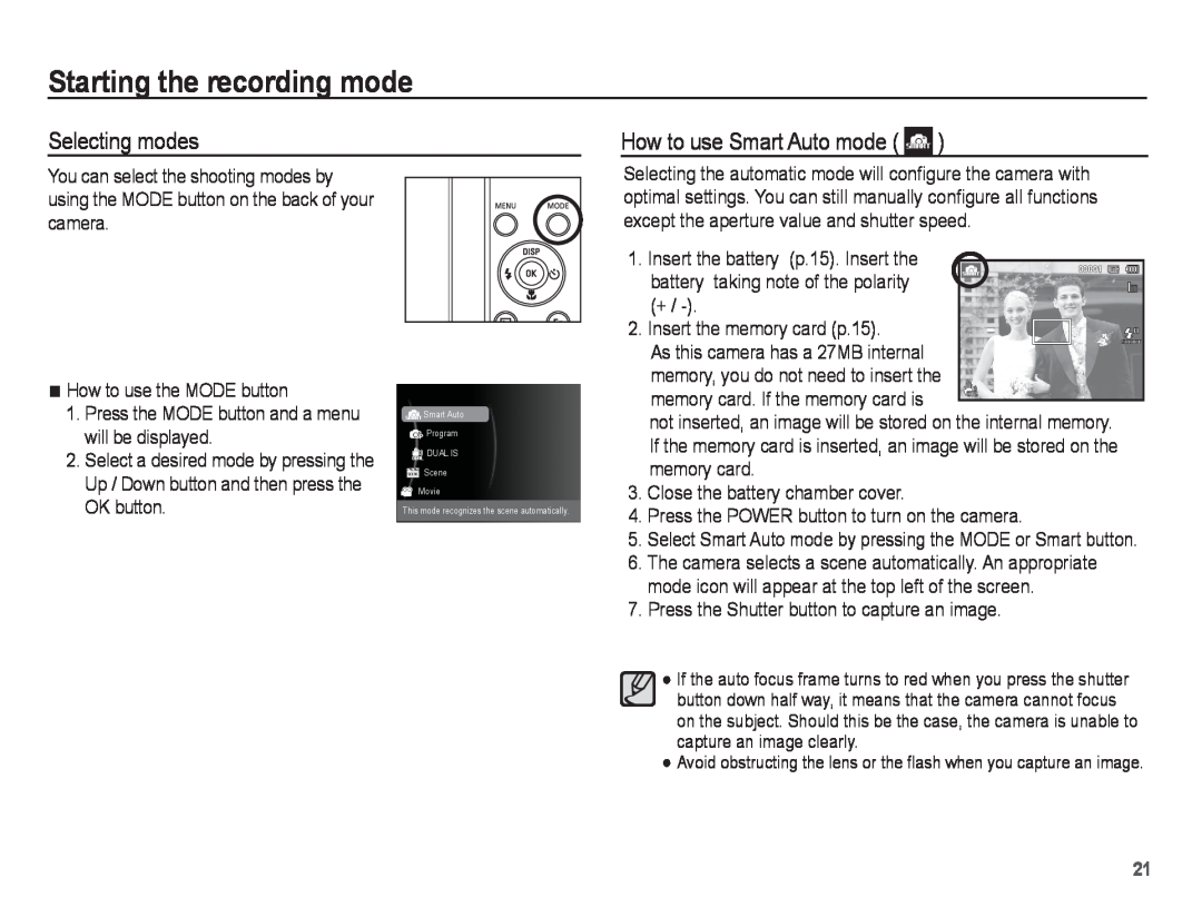Samsung ST70, ST71 manual Starting the recording mode, Selecting modes, How to use Smart Auto mode 