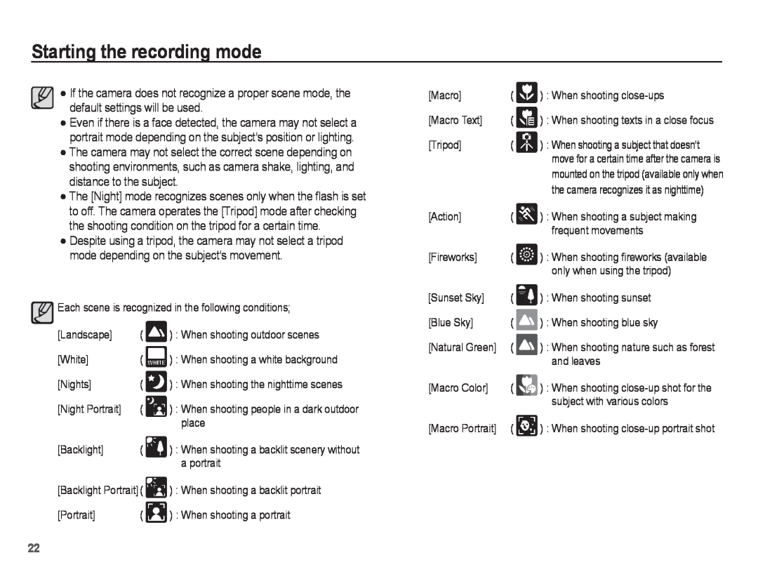 Samsung ST71, ST70 manual Starting the recording mode, Each scene is recognized in the following conditions 