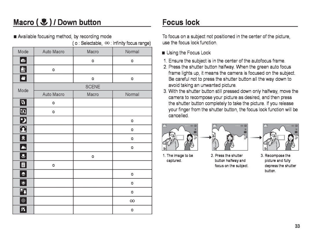 Samsung ST70, ST71 Focus lock, Macro / Down button, Available focusing method, by recording mode, Using the Focus Lock 