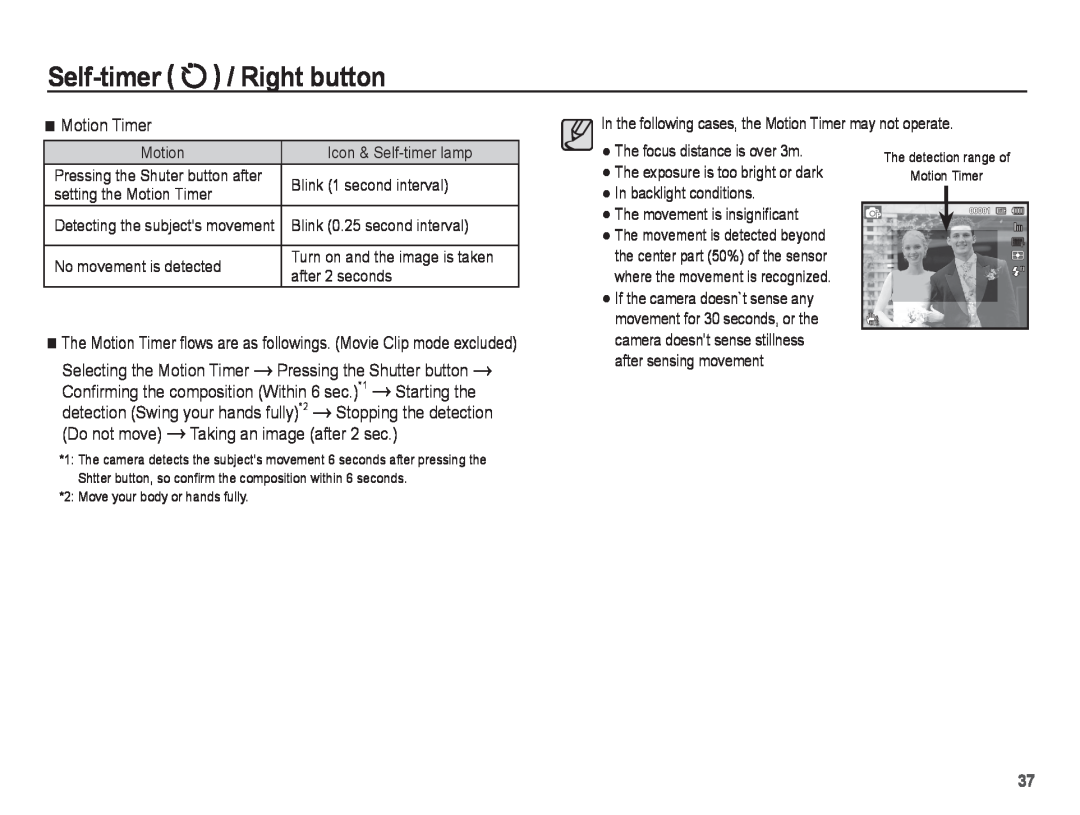 Samsung ST70, ST71 manual Self-timer / Right button, Motion Timer, Starting the, Do not move, Taking an image after 2 sec 