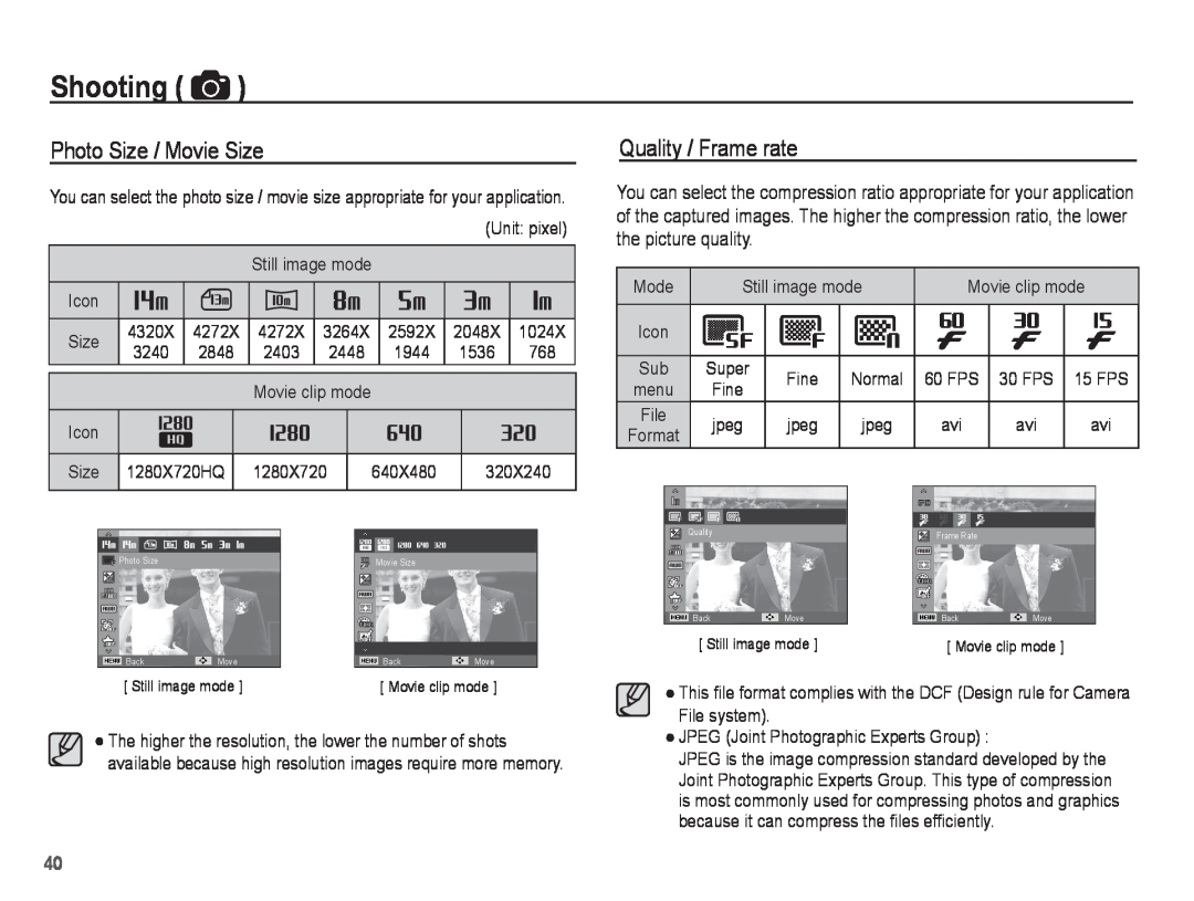 Samsung ST71, ST70 manual Photo Size / Movie Size, Quality / Frame rate, Shooting 