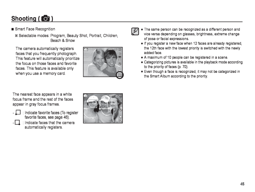 Samsung ST70, ST71 manual Shooting, Smart Face Recognition, Indicate faces that the camera automatically registers 