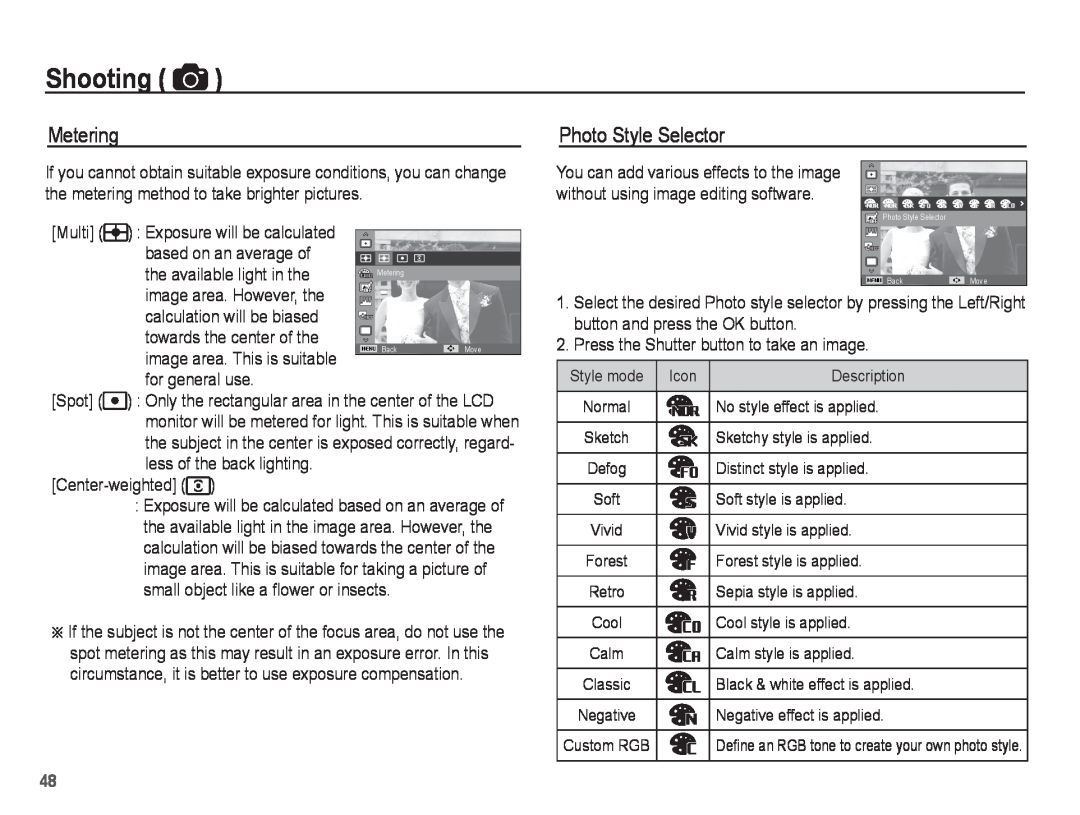 Samsung ST71, ST70 manual Metering, Photo Style Selector, Shooting 