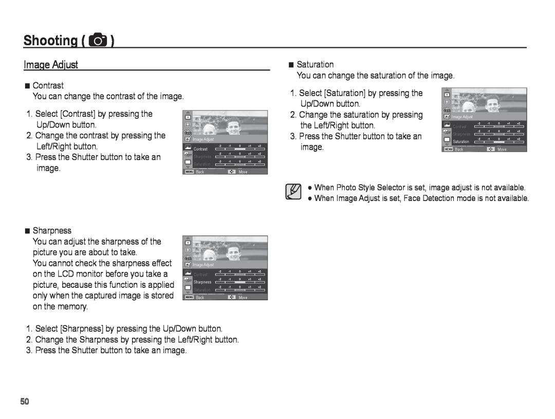Samsung ST71, ST70 manual Image Adjust, Shooting, Select Contrast by pressing the Up/Down button 