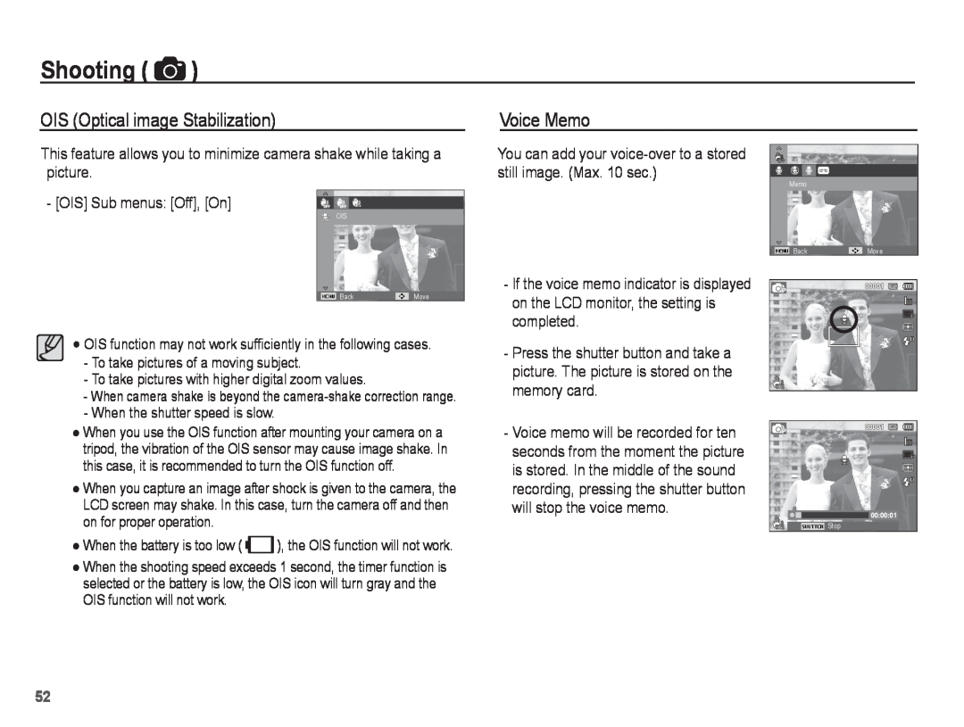 Samsung ST71, ST70 manual OIS Optical image Stabilization, Voice Memo, Shooting 