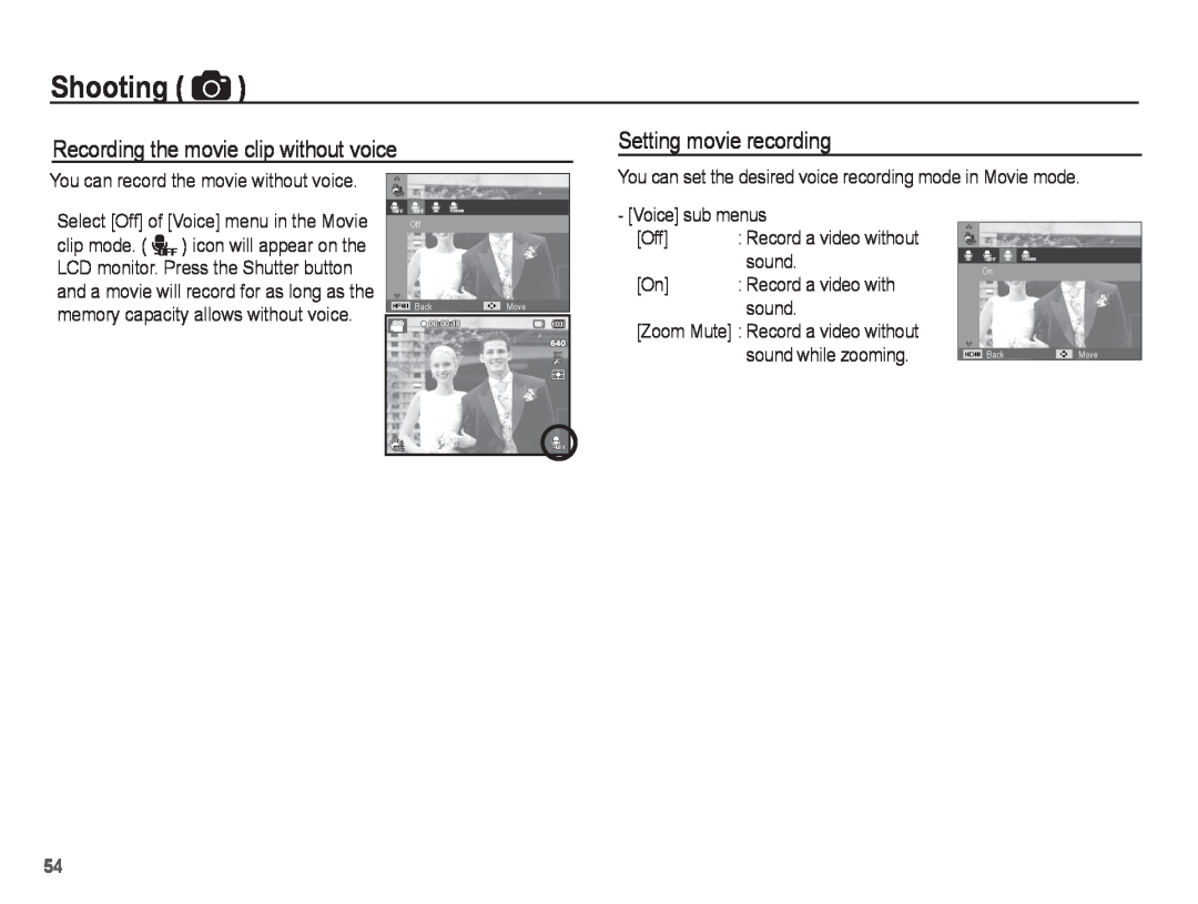 Samsung ST71, ST70 manual Recording the movie clip without voice, Setting movie recording, Shooting, Record a video with 