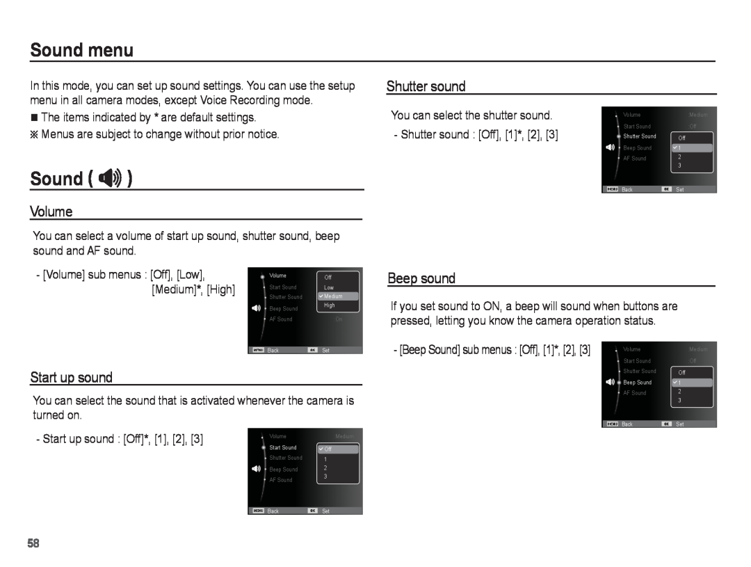 Samsung ST71, ST70 manual Sound menu, Sound , Volume, Start up sound, Shutter sound, Beep sound 