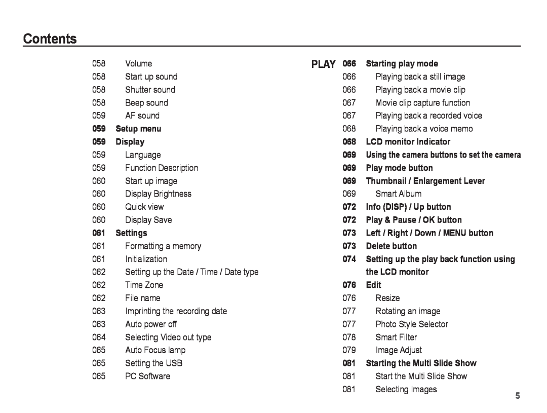 Samsung ST70, ST71 Play, Contents, Using the camera buttons to set the camera, Setting up the play back function using 