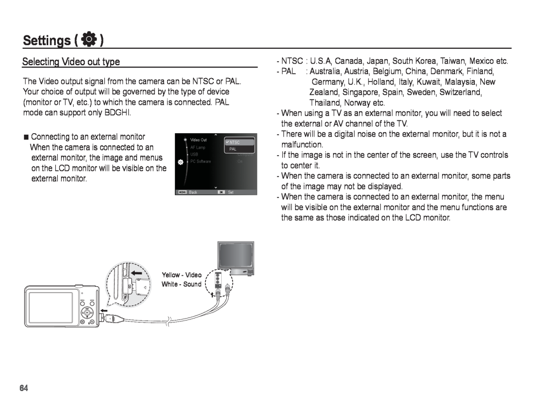 Samsung ST71, ST70 Selecting Video out type, Settings, the external or AV channel of the TV, malfunction, to center it 