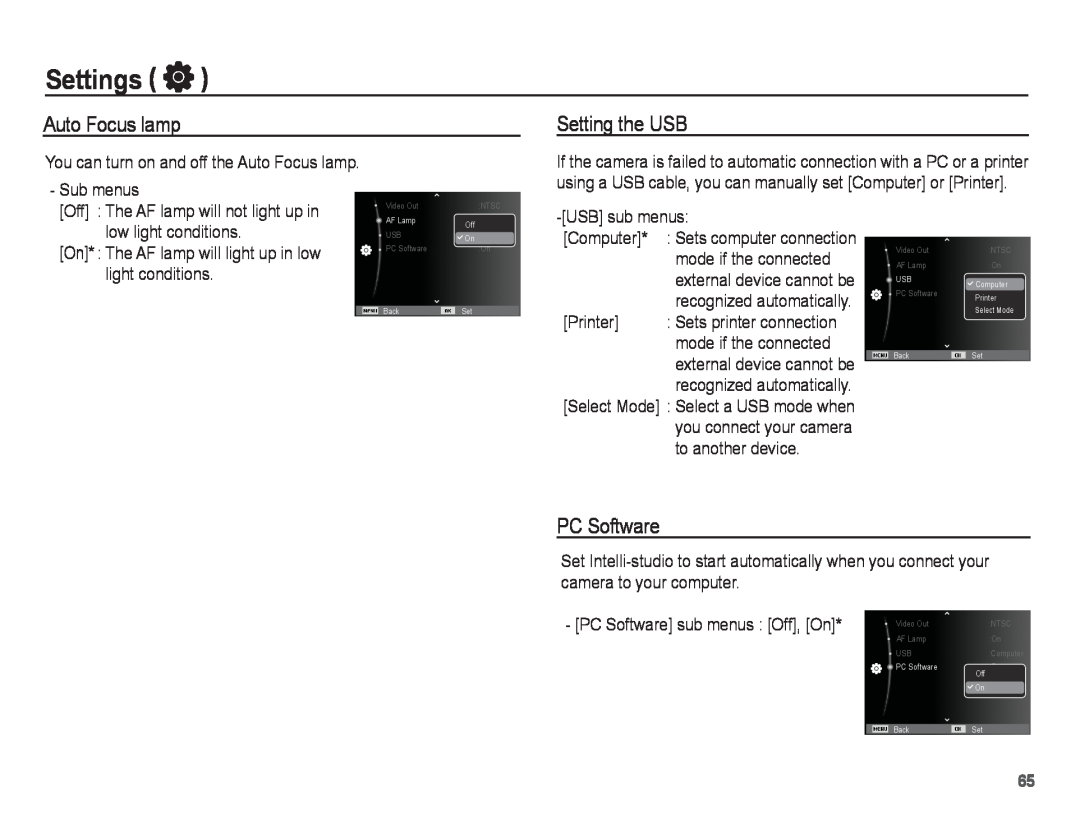 Samsung ST70 Setting the USB, PC Software, Settings, You can turn on and off the Auto Focus lamp, low light conditions 