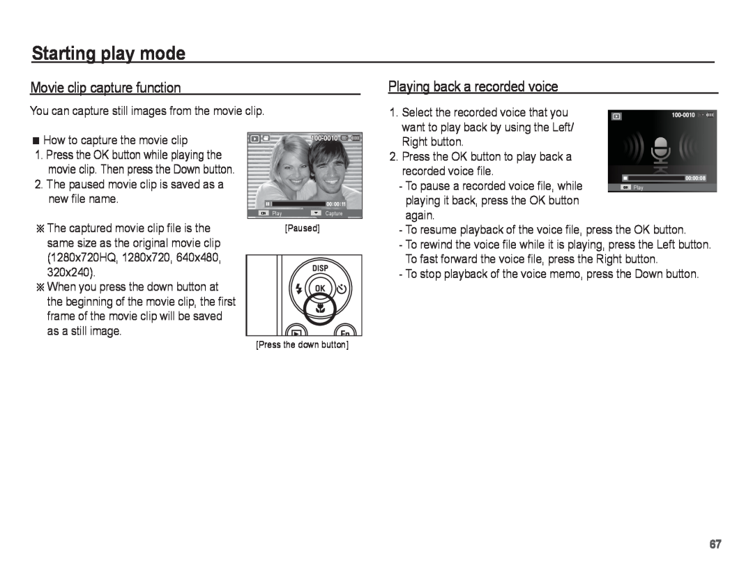 Samsung ST70, ST71 manual Movie clip capture function, Playing back a recorded voice, Starting play mode 