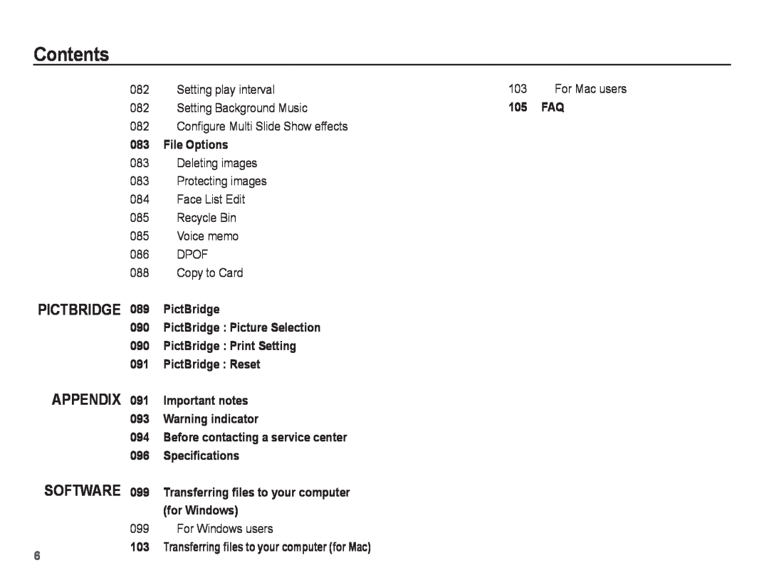 Samsung ST71, ST70 manual Pictbridge Appendix Software, Contents 