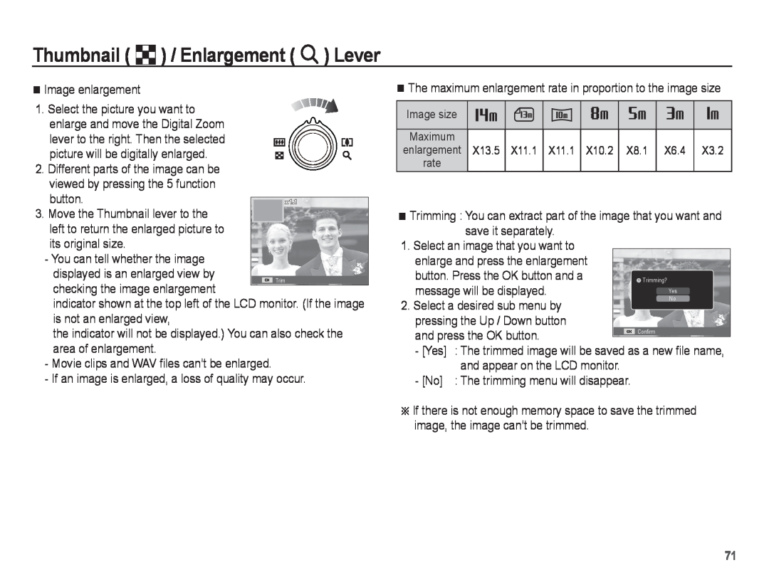 Samsung ST70, ST71 manual Thumbnail º / Enlargement í Lever, Image enlargement 
