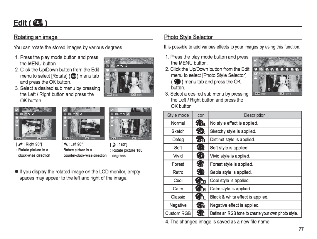 Samsung ST70, ST71 manual Rotating an image, Edit, Photo Style Selector, Rotate picture, counter-clock-wise direction 