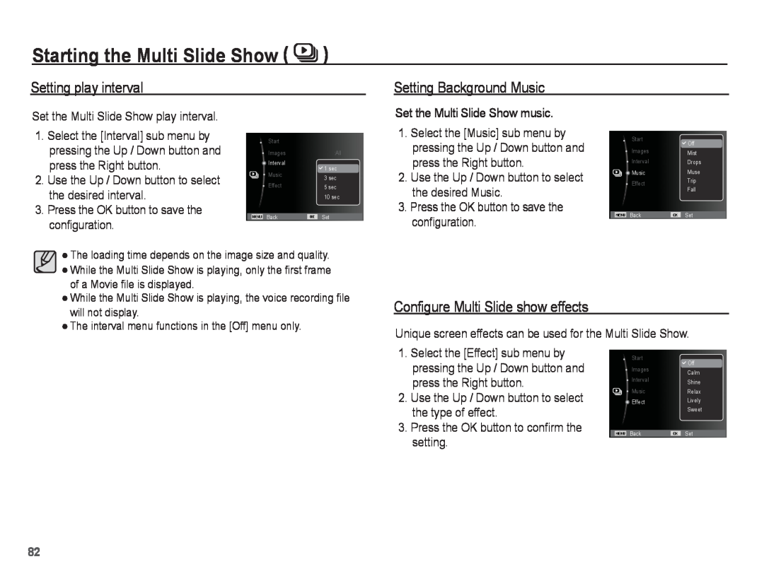 Samsung ST71, ST70 manual Setting play interval, Setting Background Music, Configure Multi Slide show effects 