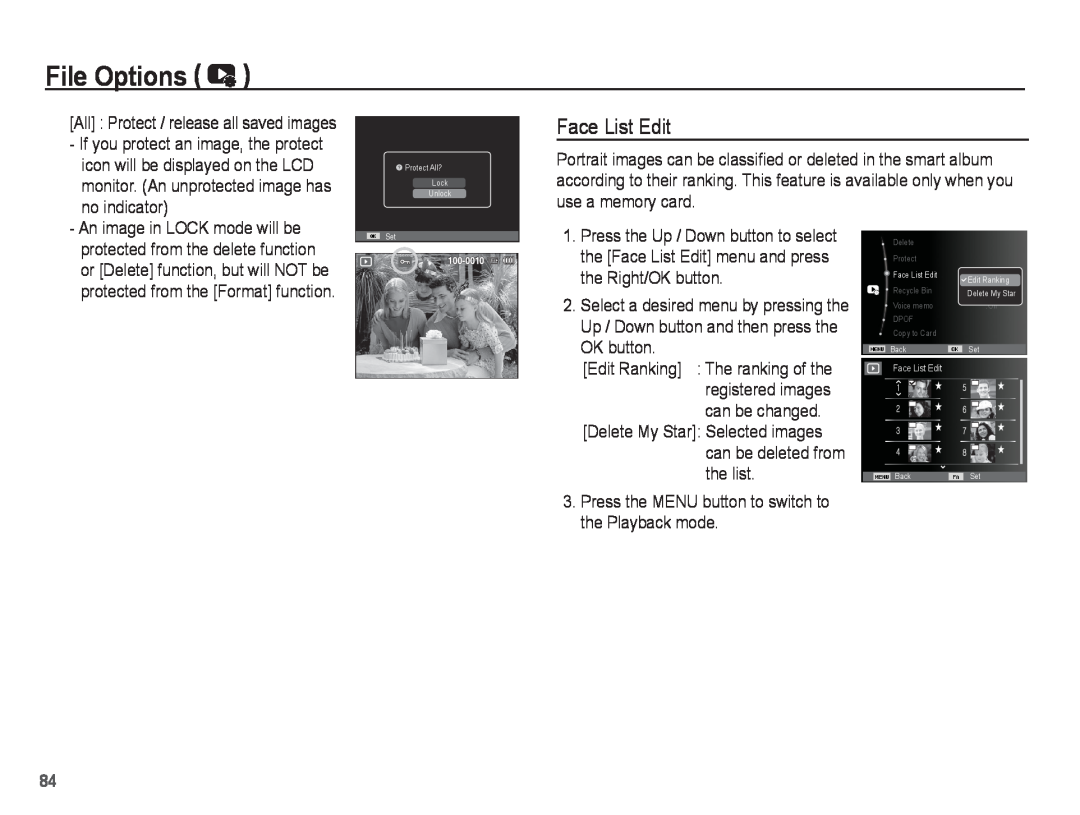 Samsung ST71, ST70 manual Face List Edit, File Options, icon will be displayed on the LCD, An image in LOCK mode will be 