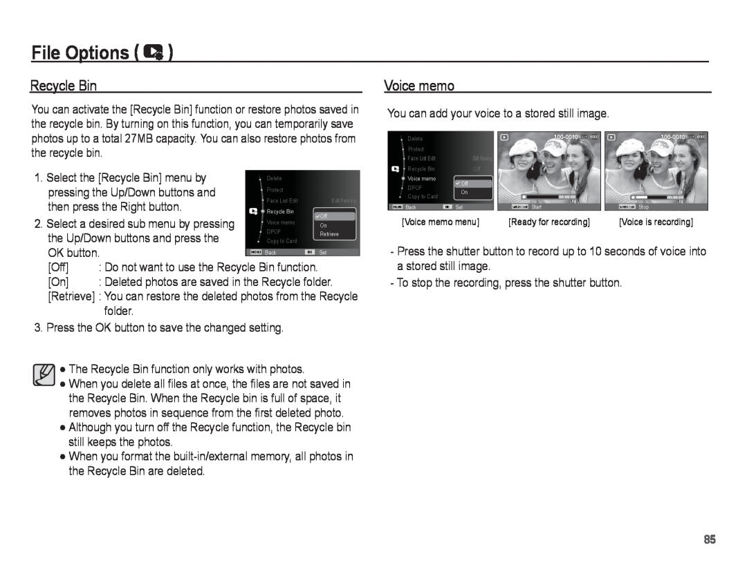 Samsung ST70, ST71 manual Recycle Bin, Voice memo, File Options 