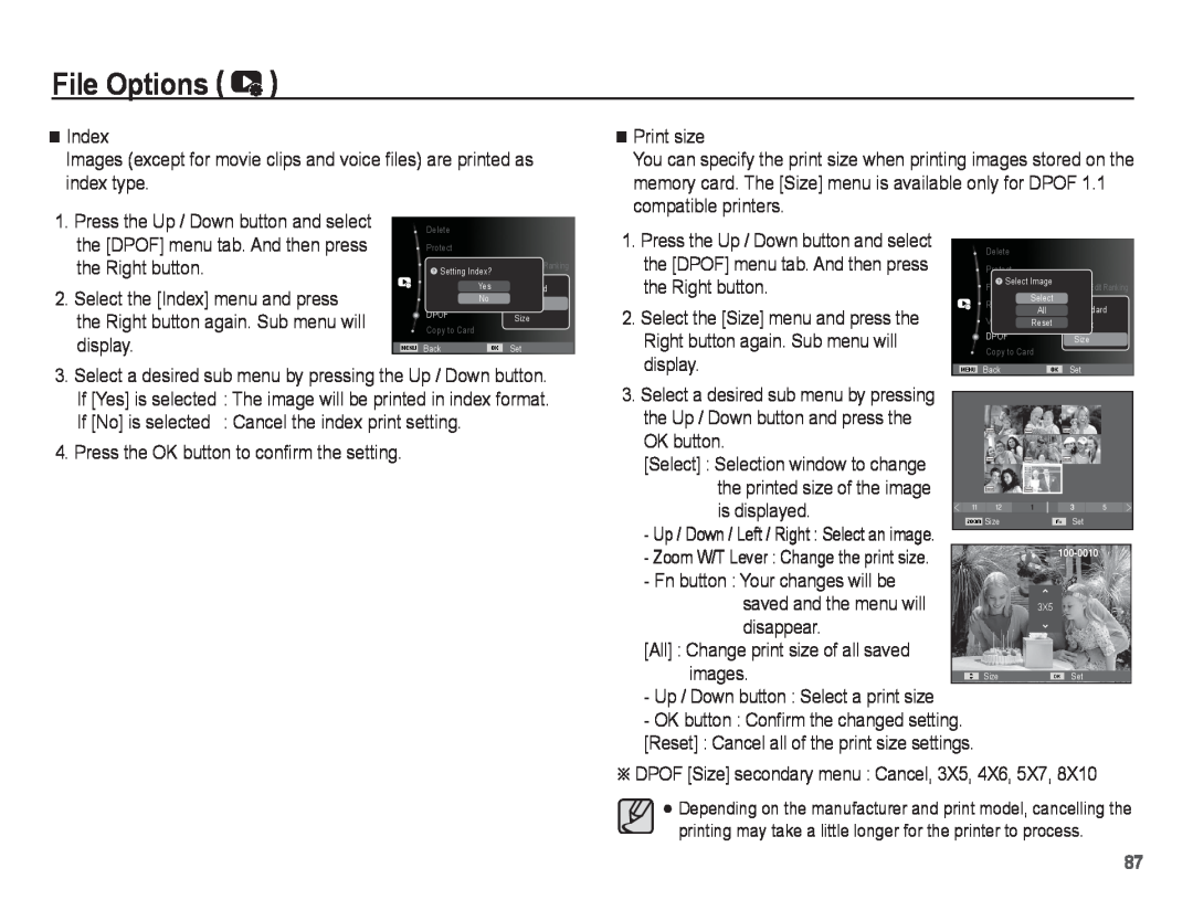 Samsung ST70, ST71 manual File Options, Zoom W/T Lever Change the print size 