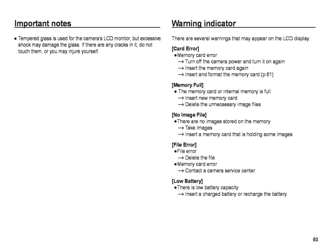 Samsung ST70, ST71 manual Warning indicator, Important notes, Memory Full, No Image File, File Error, Low Battery 
