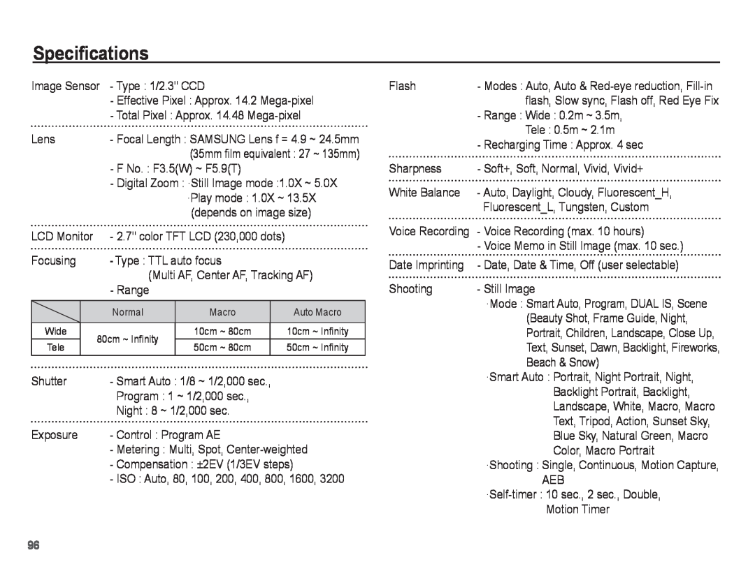 Samsung ST71, ST70 manual Specifications 