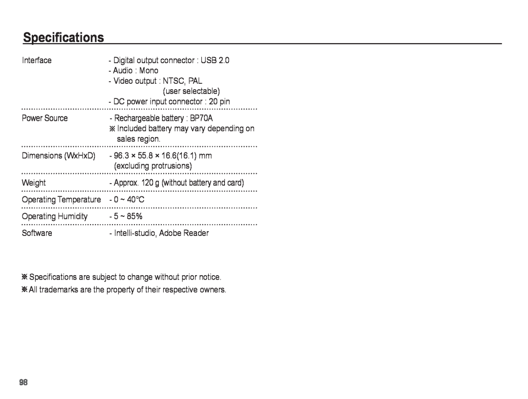 Samsung ST71, ST70 manual Specifications, Interface 