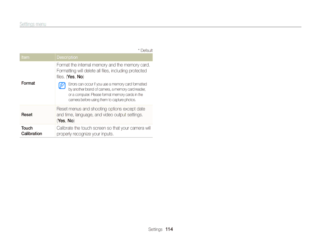 Samsung ST700 user manual ﬁles. Yes, No, Format, Reset, Touch, Calibration Properly recognize your inputs Settings 