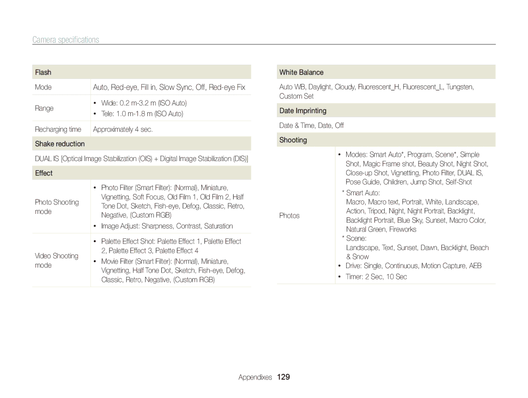 Samsung ST700 user manual Camera speciﬁcations 