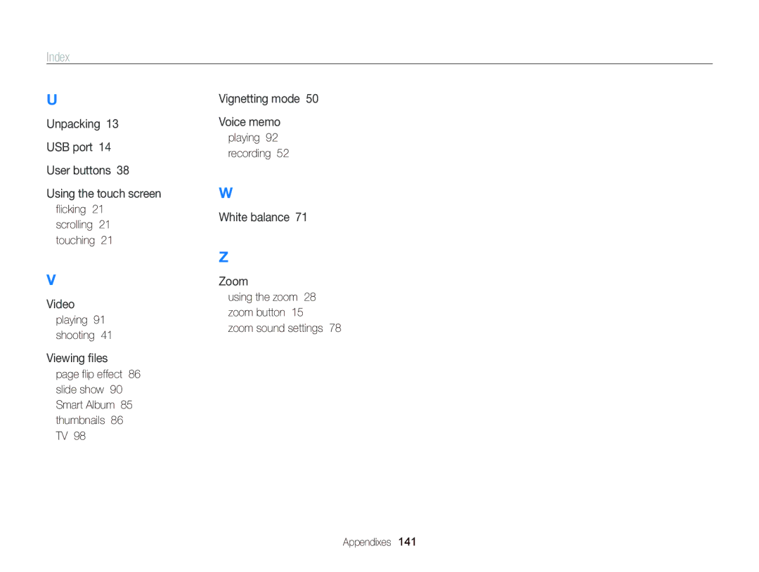 Samsung ST700 user manual ﬂicking 21 scrolling 21 touching, Playing 91 shooting, Playing 92 recording 