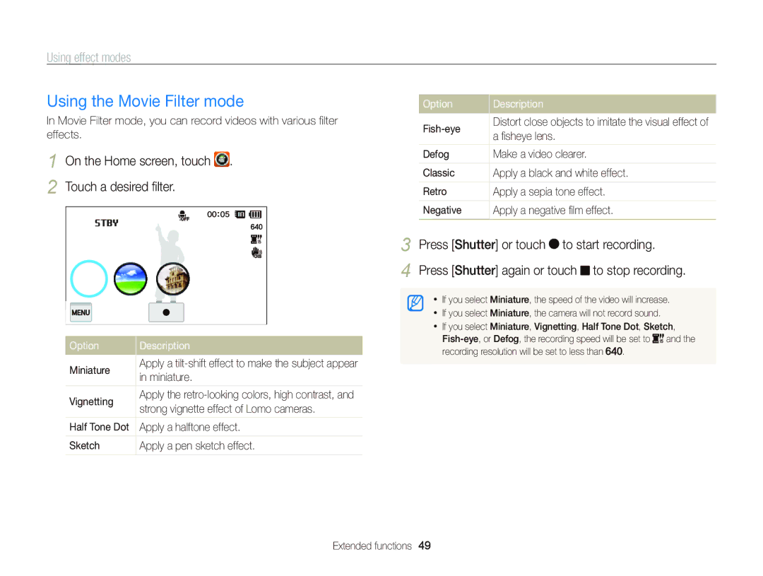 Samsung ST700 user manual Using the Movie Filter mode, Sketch Apply a pen sketch effect 