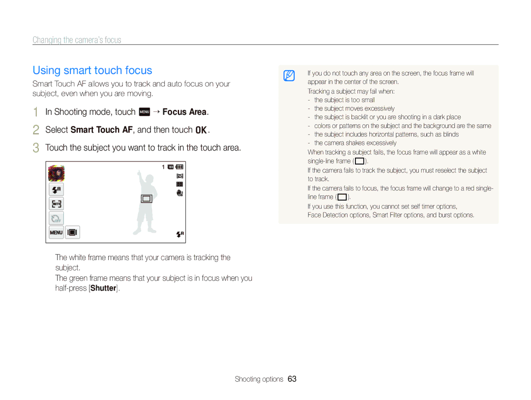 Samsung ST700 user manual Using smart touch focus, Changing the camera’s focus 