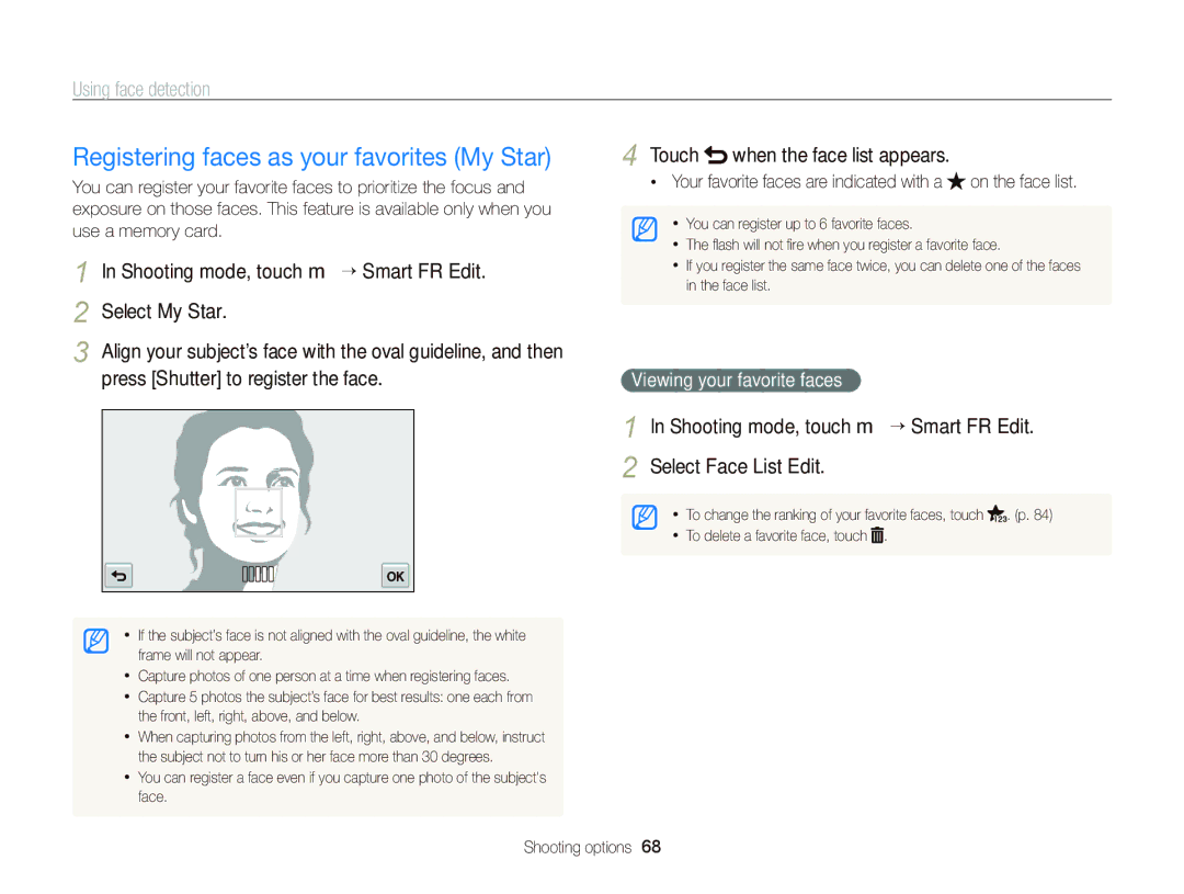 Samsung ST700 Registering faces as your favorites My Star, Touch when the face list appears, Viewing your favorite faces 