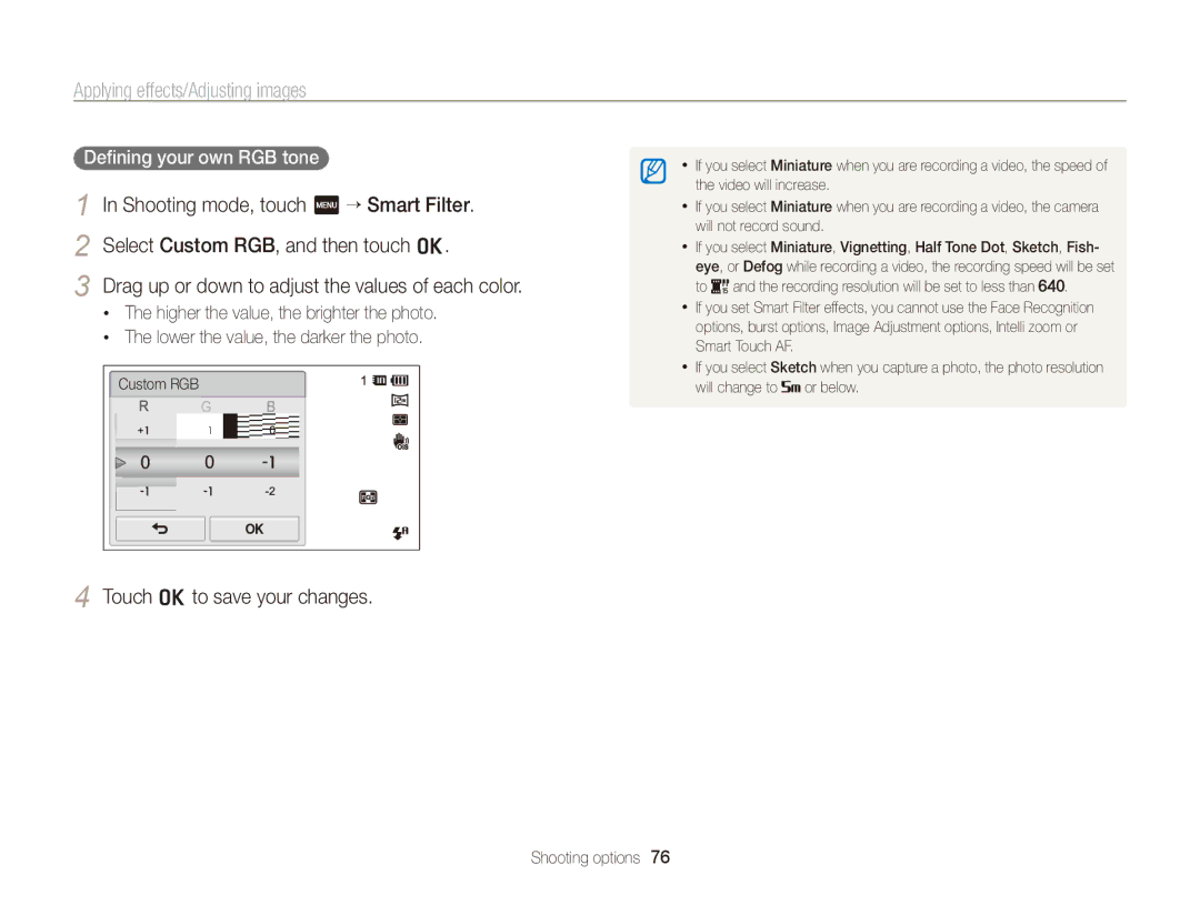 Samsung ST700 user manual Touch oto save your changes, Defining your own RGB tone  