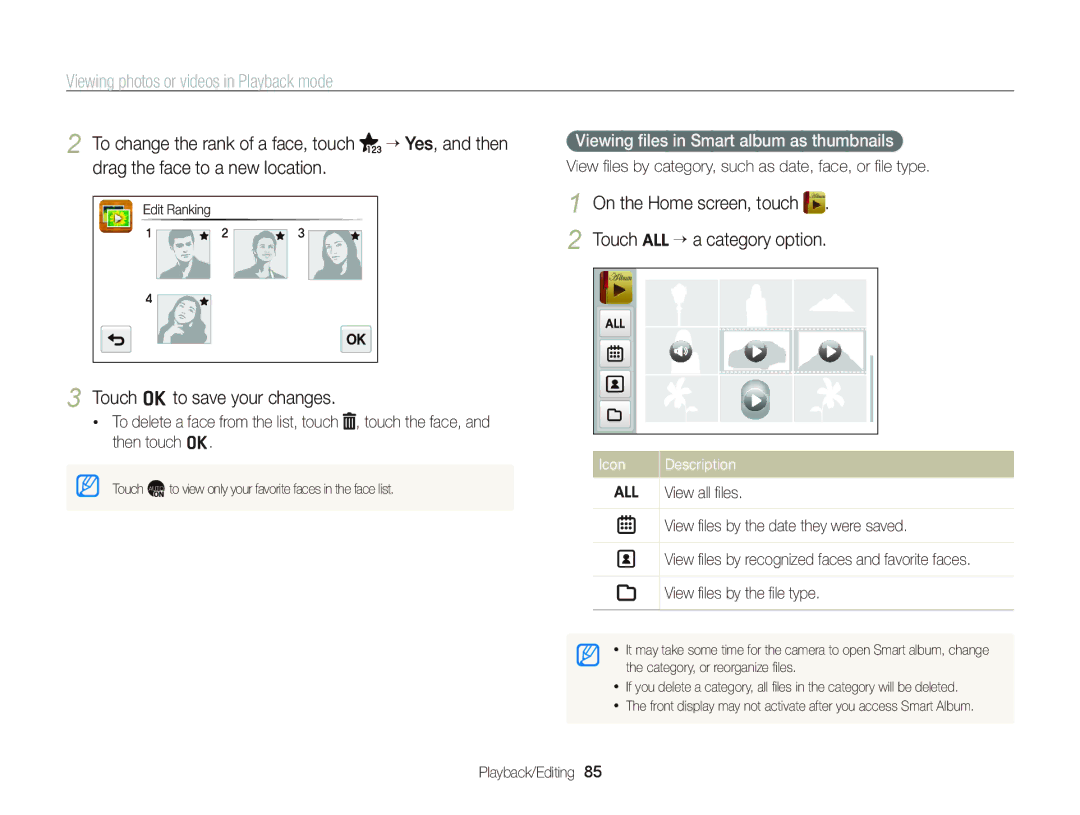 Samsung ST700 user manual On the Home screen, touch Touch “ a category option, Viewing ﬁles in Smart album as thumbnails 