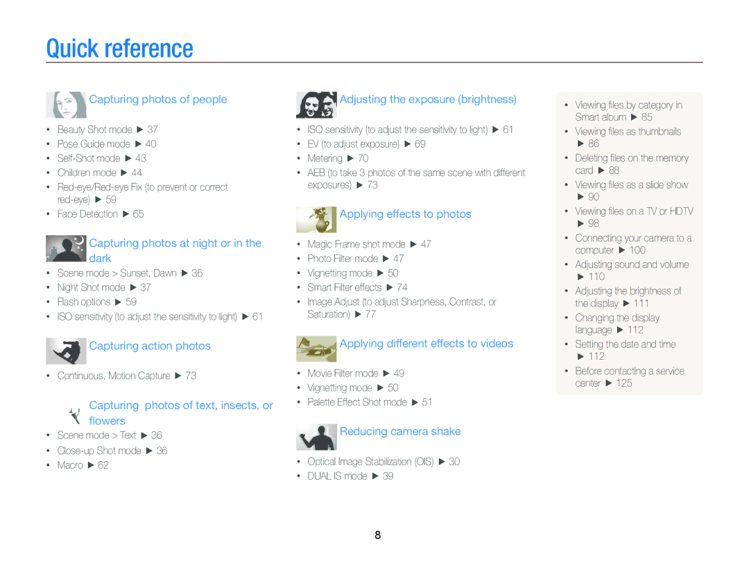 Samsung ST700 user manual Quick reference, Capturing photos of people 