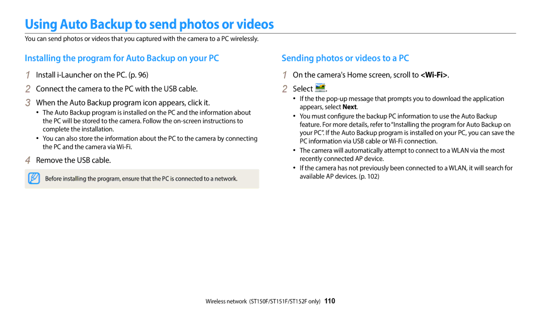 Samsung ST72, ST73, ST152F Using Auto Backup to send photos or videos, Installing the program for Auto Backup on your PC 