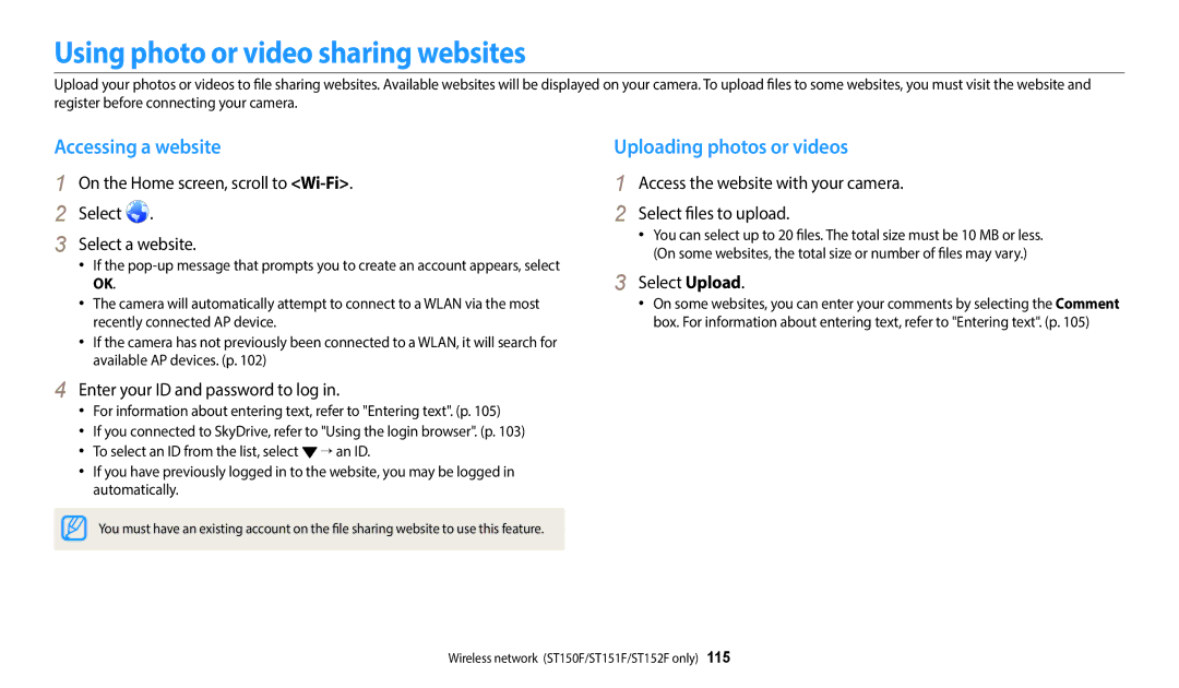 Samsung ST72, ST73, ST152F, ST150F Using photo or video sharing websites, Accessing a website, Uploading photos or videos 