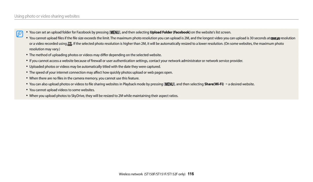 Samsung ST152F, ST73, ST72, ST150F, ST151F user manual Using photo or video sharing websites 