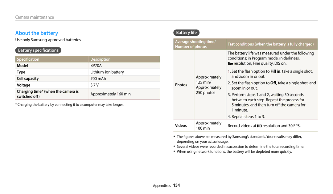 Samsung ST73, ST72, ST152F, ST150F, ST151F user manual About the battery, Battery specifications Battery life 