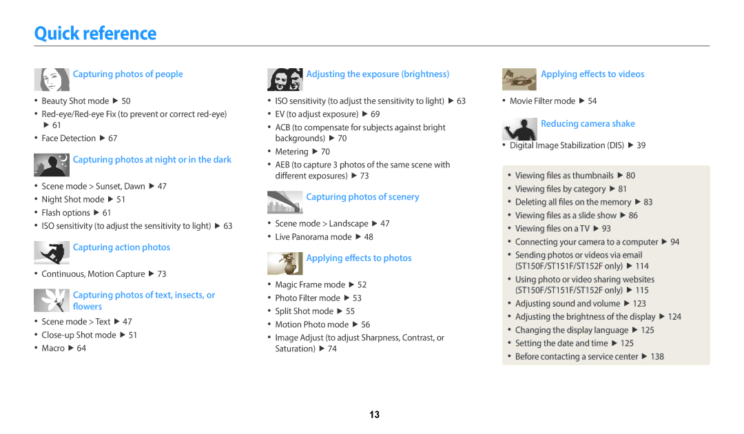 Samsung ST151F, ST73, ST72, ST152F, ST150F user manual Quick reference, Capturing photos of people 