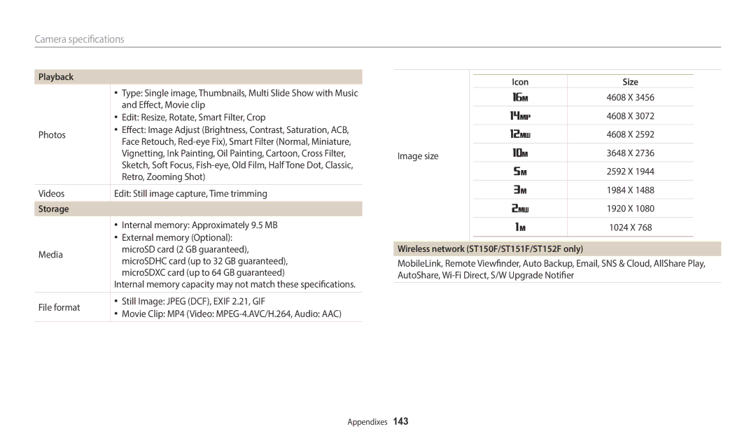 Samsung ST73, ST72 user manual Storage, Icon Size, Wireless network ST150F/ST151F/ST152F only 