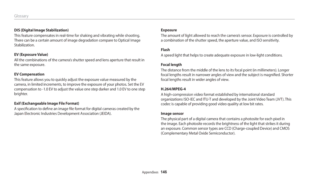 Samsung ST152F DIS Digital Image Stabilization, EV Exposure Value, EV Compensation, Exif Exchangeable Image File Format 