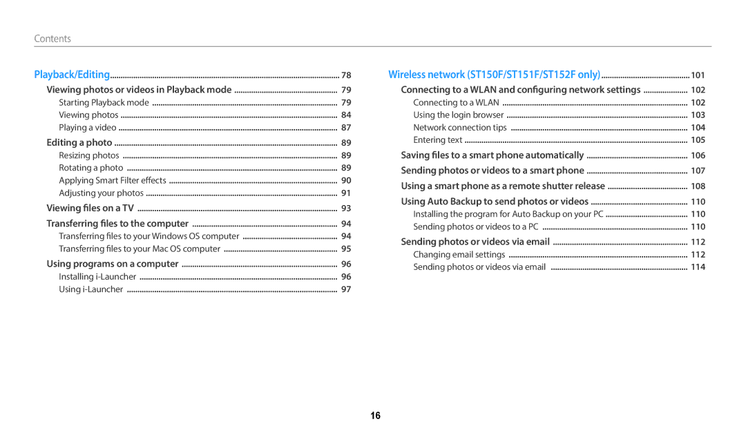 Samsung ST152F, ST73, ST72, ST150F, ST151F user manual Contents 